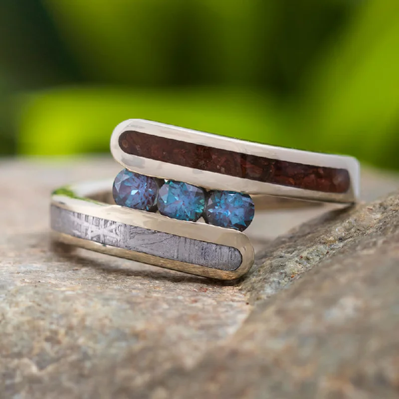 women's floral engraved rings-Three Stone Ring With Dinosaur Bone & Meteorite