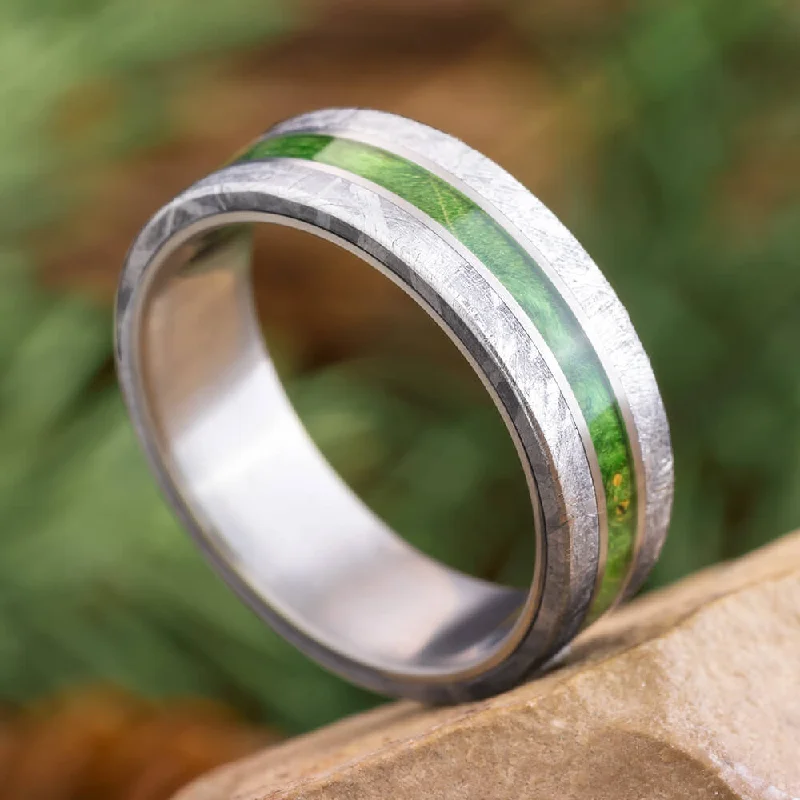 women's oversized rings-Green Wood Men's Wedding Band With Meteorite Edges Separated By Titanium Pinstripes