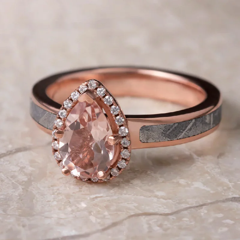 women's simple engagement rings-Pear-Cut Morganite Halo Engagement Ring with Meteorite