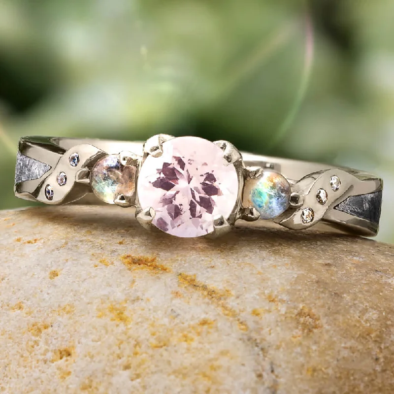 women's delicate engagement rings-Morganite Engagement Ring with Moonstones and Meteorite