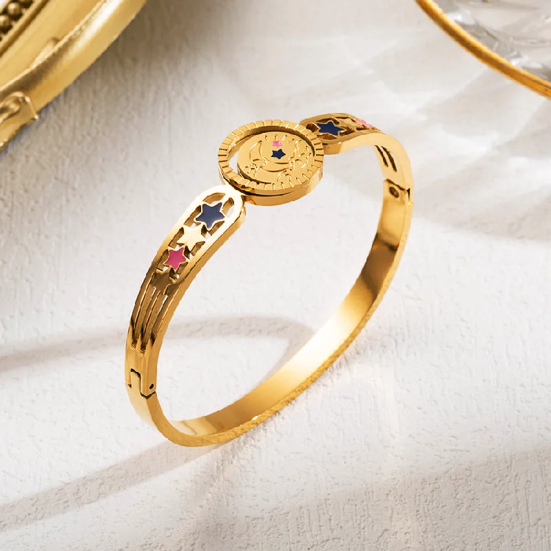 women's celestial-inspired bracelets-Cute Artistic Star Moon Stainless Steel Enamel Hollow Out 18k Gold Plated Bangle