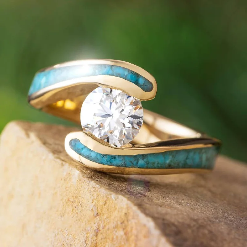 women's stacking rings-Turquoise Engagement Ring With Yellow Gold Faux Tension Setting