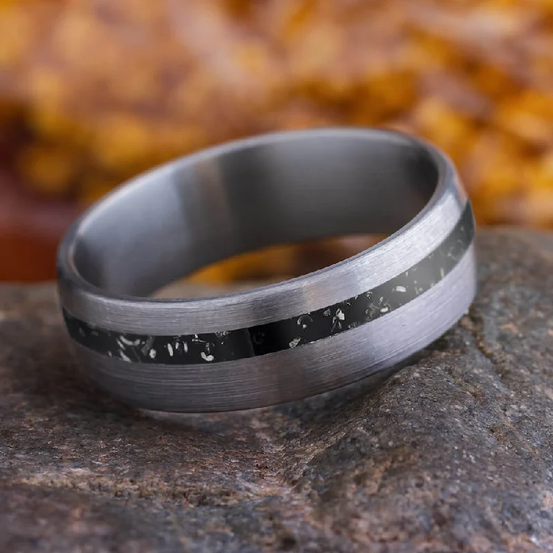 women's wedding rings-Black Stardust™ Men's Wedding Band in Brushed Titanium