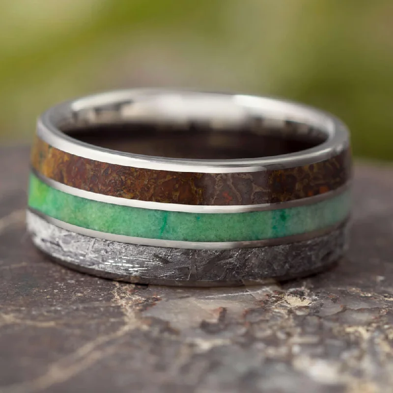 women's birthstone rings-Meteorite, Chrysocolla & Dinosaur Bone Men's Wedding Band, 10mm Ring