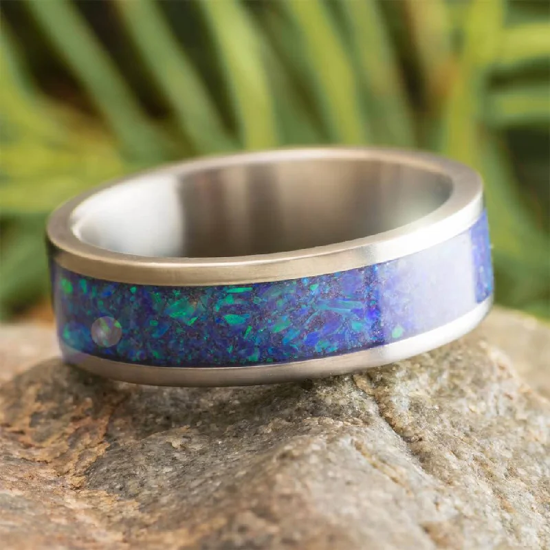 women's pear shaped engagement rings-Unique Synthetic Opal Wedding Band in Titanium