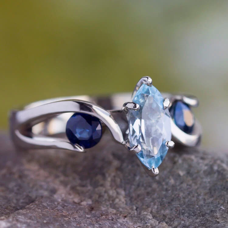 women's split shank engagement rings-Marquise Cut Engagement Ring with Blue Stones