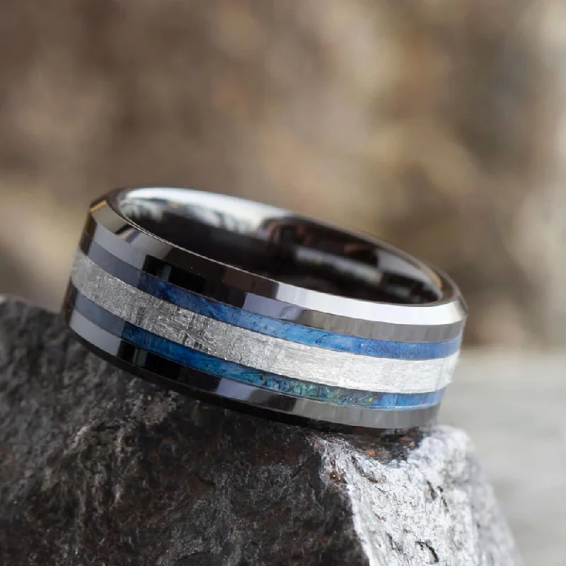 women's cathedral engagement rings-Meteorite & Blue Burl Wood Ring, Blue Wedding Band