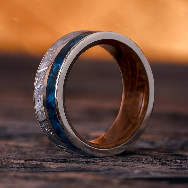 women's luxury rings-Meteorite, Blue Box Elder Burl, And Titanium Ring With Whiskey Wood Sleeve