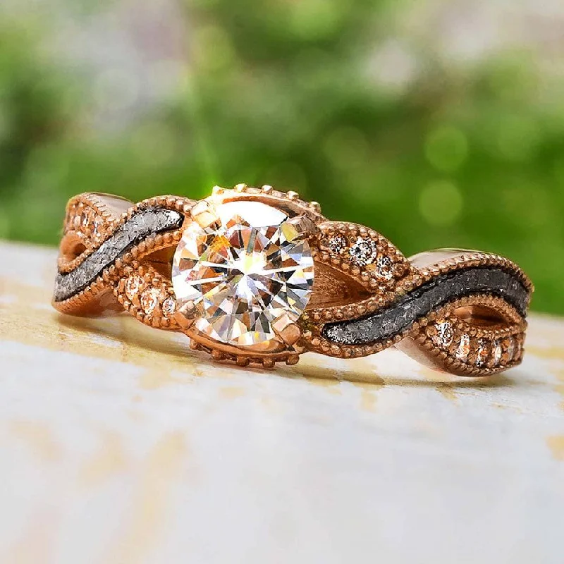 women's tribal rings-Rose Gold Engagement Ring With Meteorite & Diamond Shank Twist