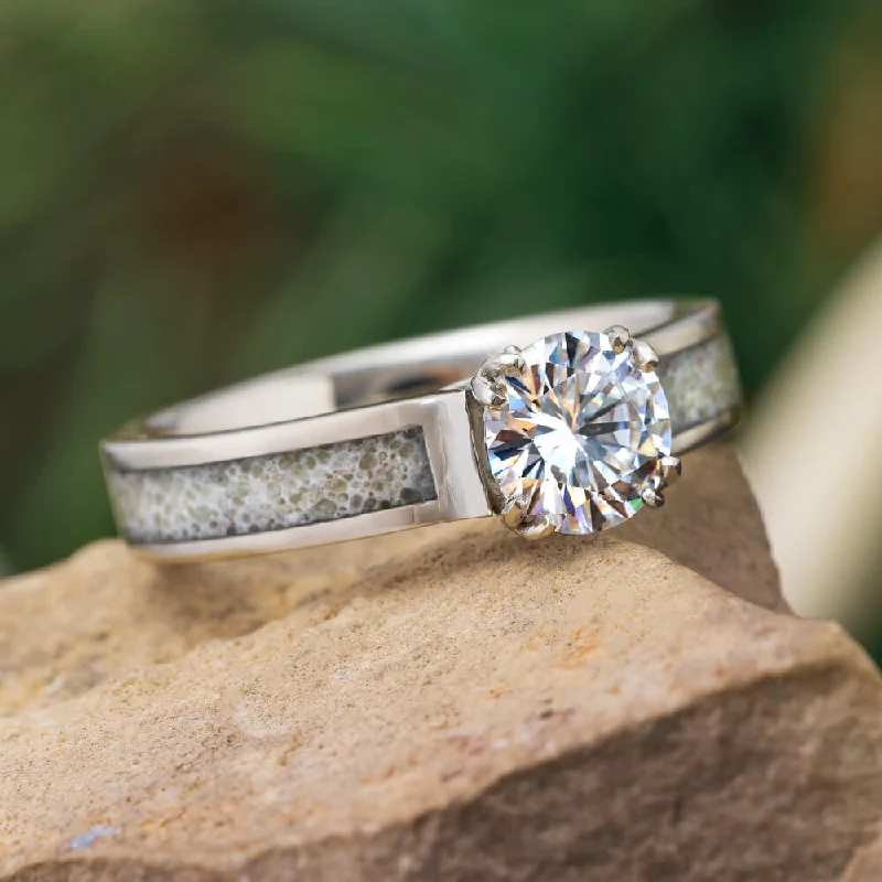 women's promise engagement rings-Antler Prong Moissanite Engagement Ring with Antler Inlay