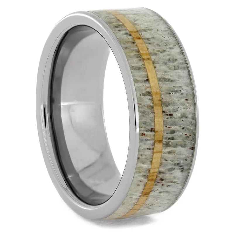 women's solitaire engagement rings-Antler Wedding Band with Oak Wood Pinstripe