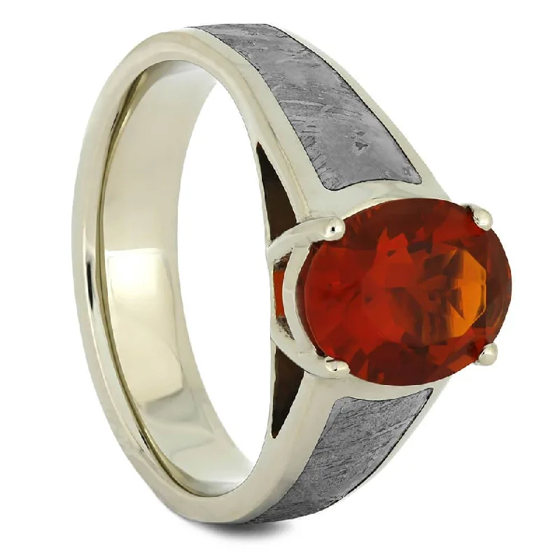 women's white gold engagement rings-Fire Opal Engagement Ring with Meteorite