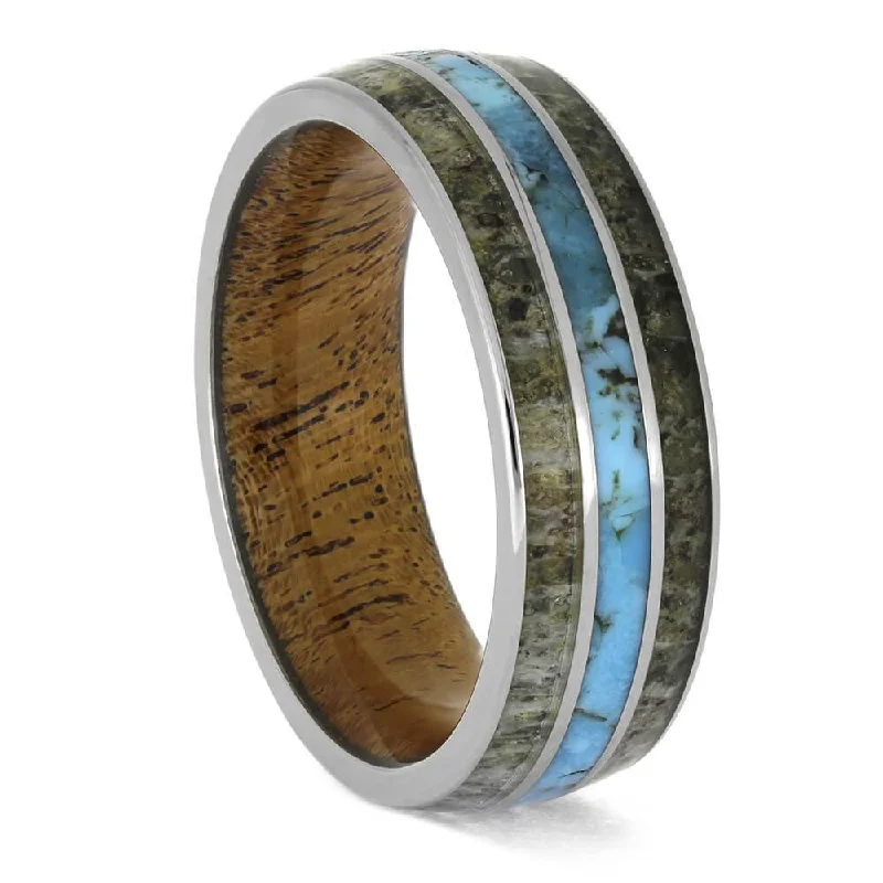 women's princess cut engagement rings-Turquoise and Antler Men's Wedding Band with Wood Sleeve