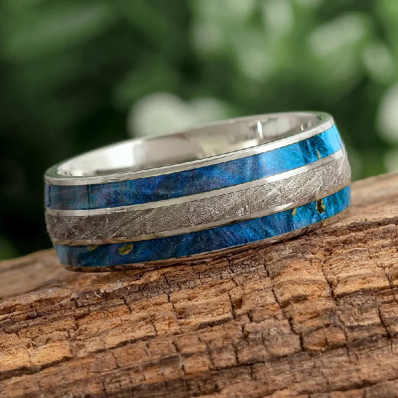 women's geometric rings-Meteorite & Blue Wood Men's Wedding Band