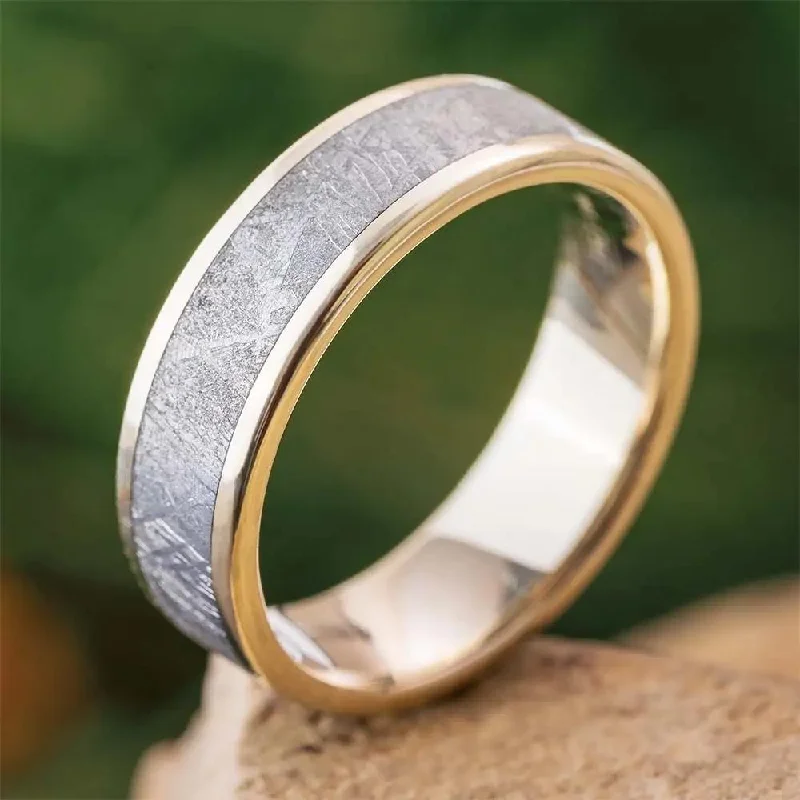 women's engagement rings-Handmade Meteorite Wedding Band in White Gold, 6mm