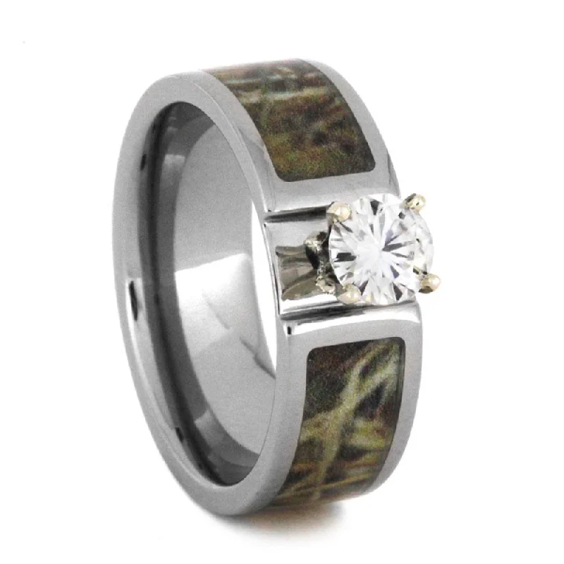 women's thick band engagement rings-Moissanite Engagement Ring with Camo Inlay in Band