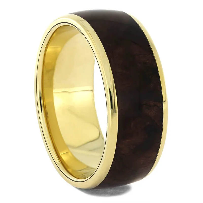 women's amethyst engagement rings-Yellow Gold Wedding Band with Black Ash Burl Wood