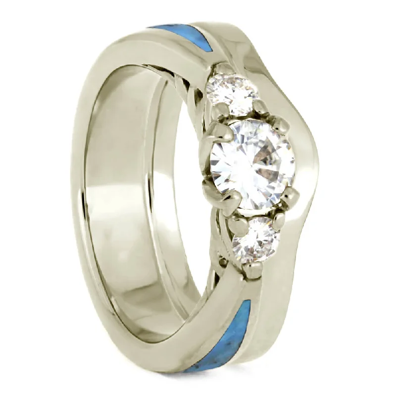 women's refined engagement rings-Turquoise Bridal Set, Simple Shadow Band With White Gold Engagement Ring