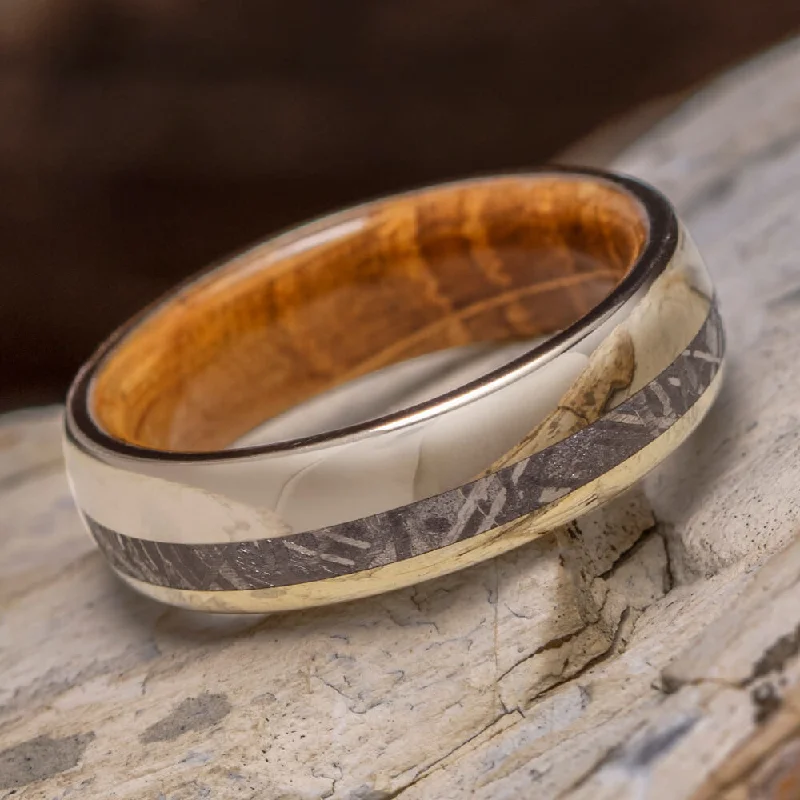 women's water-resistant rings-Solid Gold Ring with Meteorite & Whiskey Barrel Wood