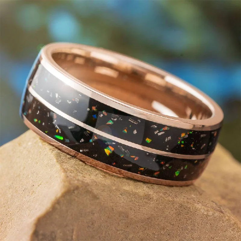 women's hidden halo engagement rings-Rose Gold & Black Opal Stardust Wedding Band