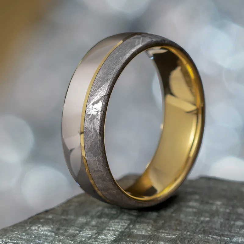 women's statement fashion rings-Meteorite Ring with Gold & Titanium, Unique Mixed Metal Ring