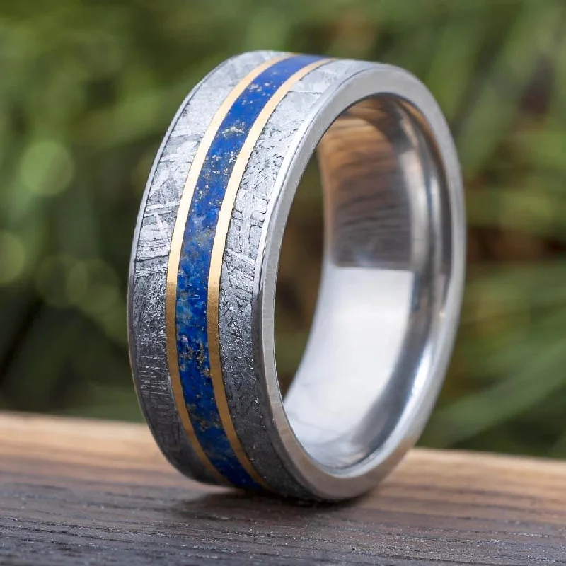 women's bold statement rings-Meteorite & Lapis Lazuli Wedding Band With Gold Pinstripes