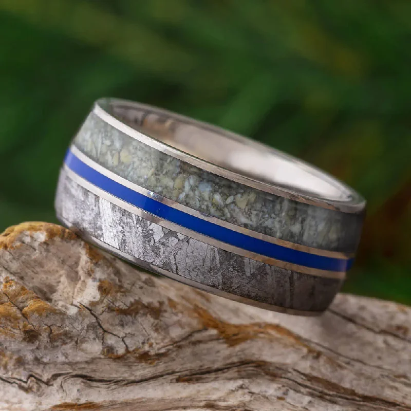 women's simple elegant rings-Meteorite and Dinosaur Bone Ring with Blue Enamel Stripe