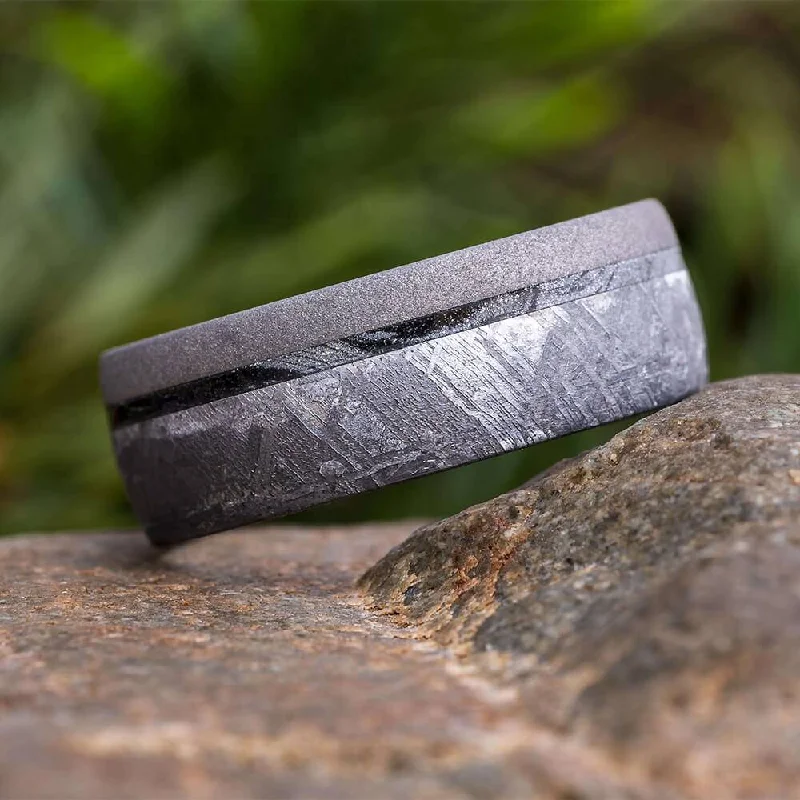 women's spiritual rings-Meteorite Wedding Band with Black and White Mokume