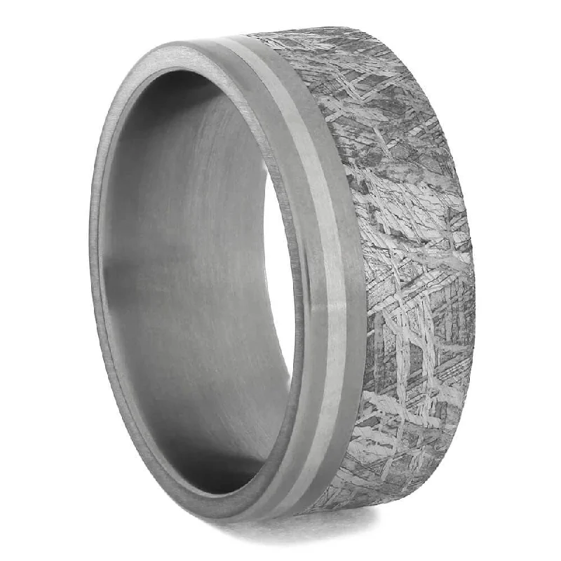 women's halo engagement rings-Masculine Wedding Band with Meteorite and Platinum Pinstripe