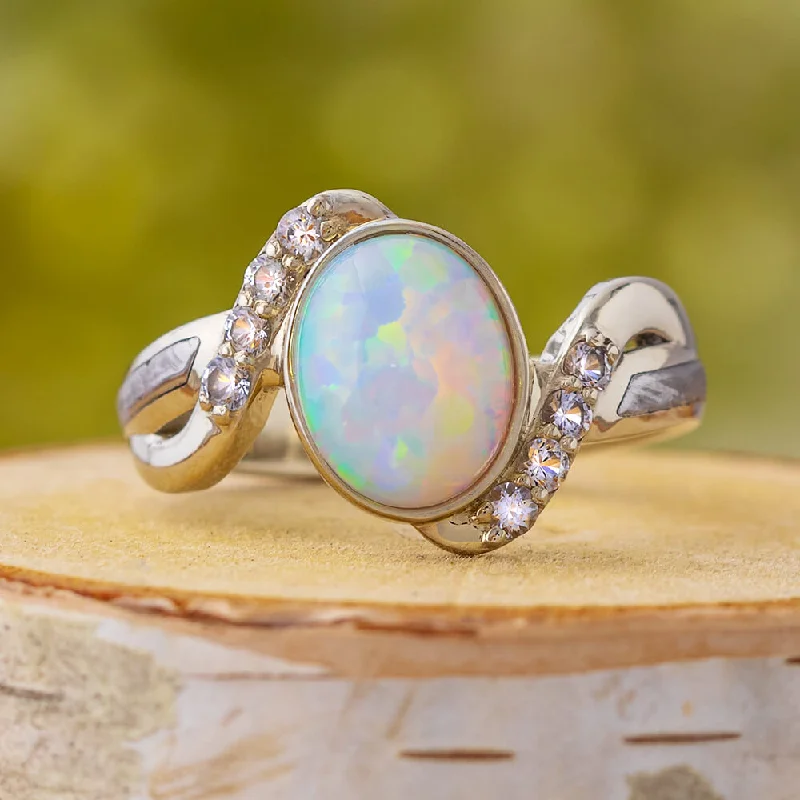 women's hand-carved engagement rings-Opal Engagement Ring with Meteorite & Diamond Accents