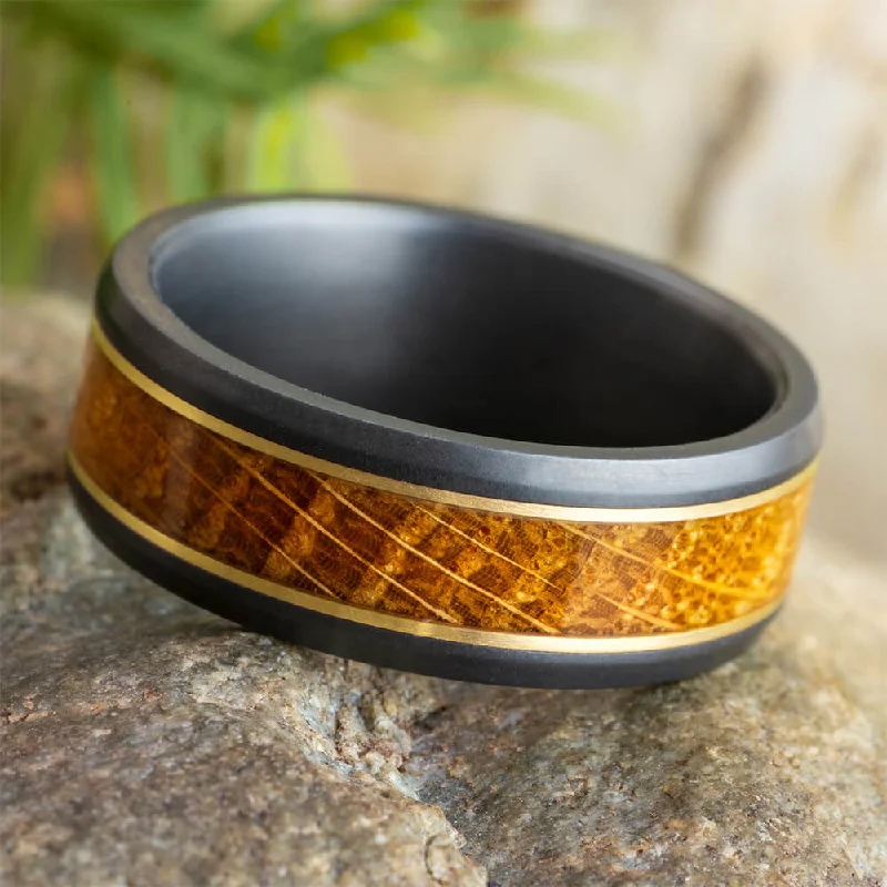 women's split shank engagement rings-Gold and Black Zirconium Wedding Band with Whiskey Oak