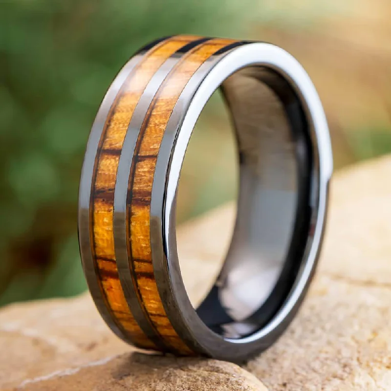 women's artistic rings-Wedding Band with Double Wood Pinstripes in Black Ceramic