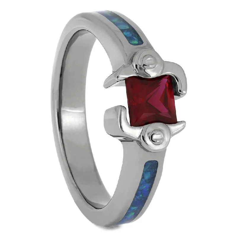 women's minimalist engagement rings-Titanium Ruby Engagement Ring with Crushed Opal