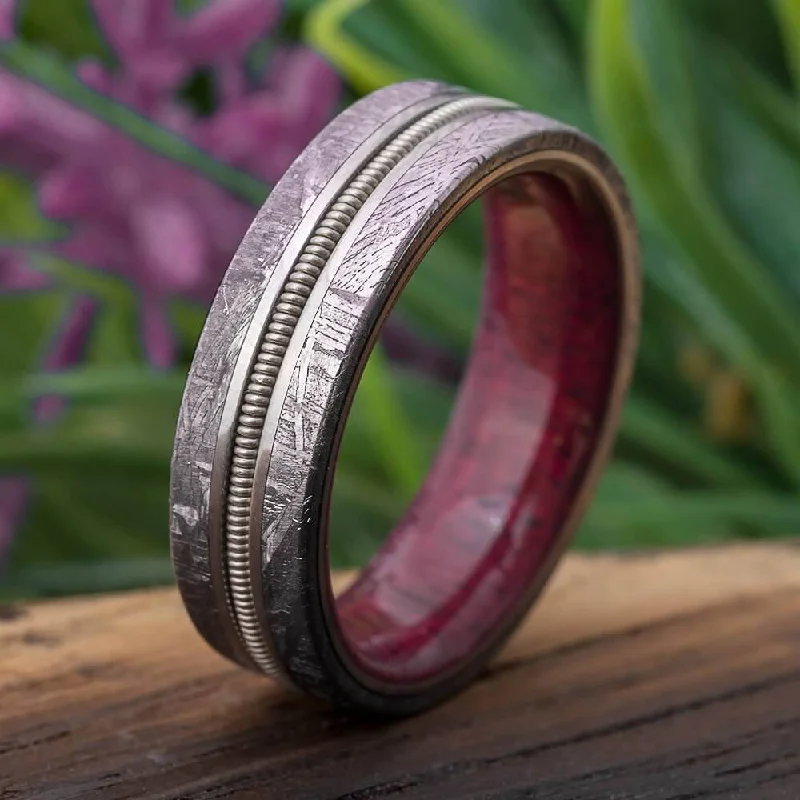 women's chunky rings-Guitar String Ring with Meteorite and Purple Heart Wood