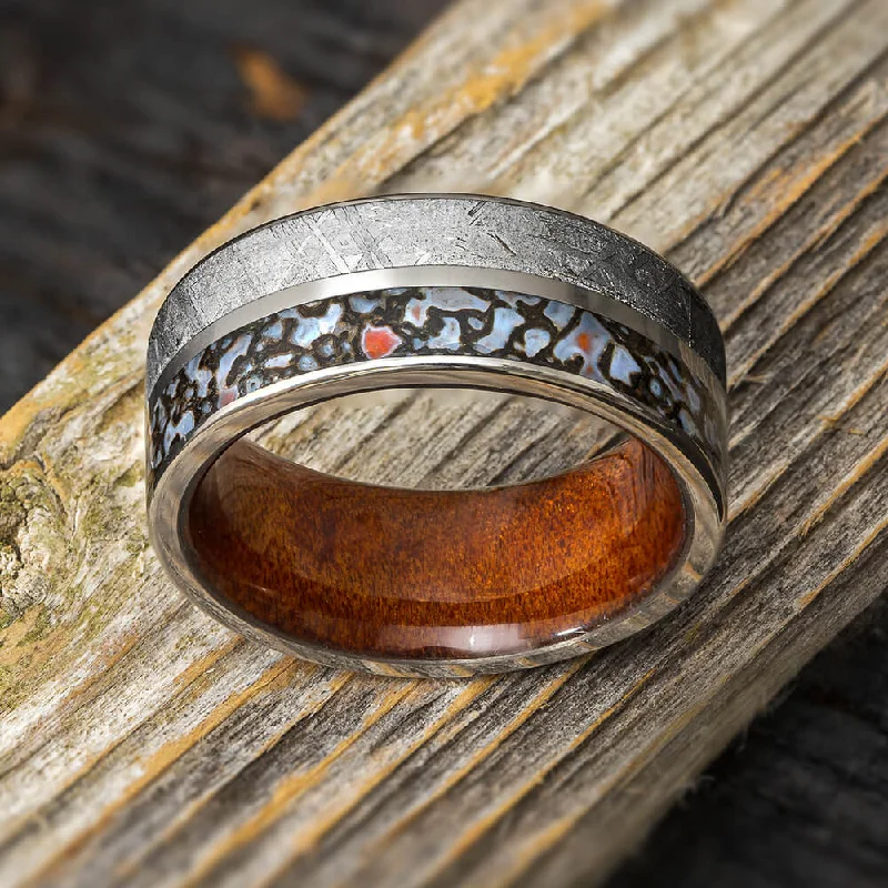 women's alternative engagement rings-Meteorite Ring, Dinosaur Bone Wedding Band with Whiskey Barrel Sleeve