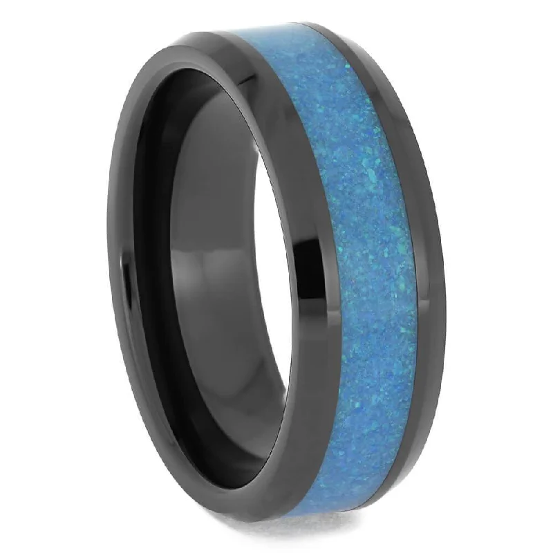 women's white gold engagement rings-Blue Opal & Black Ceramic Men's Wedding Band