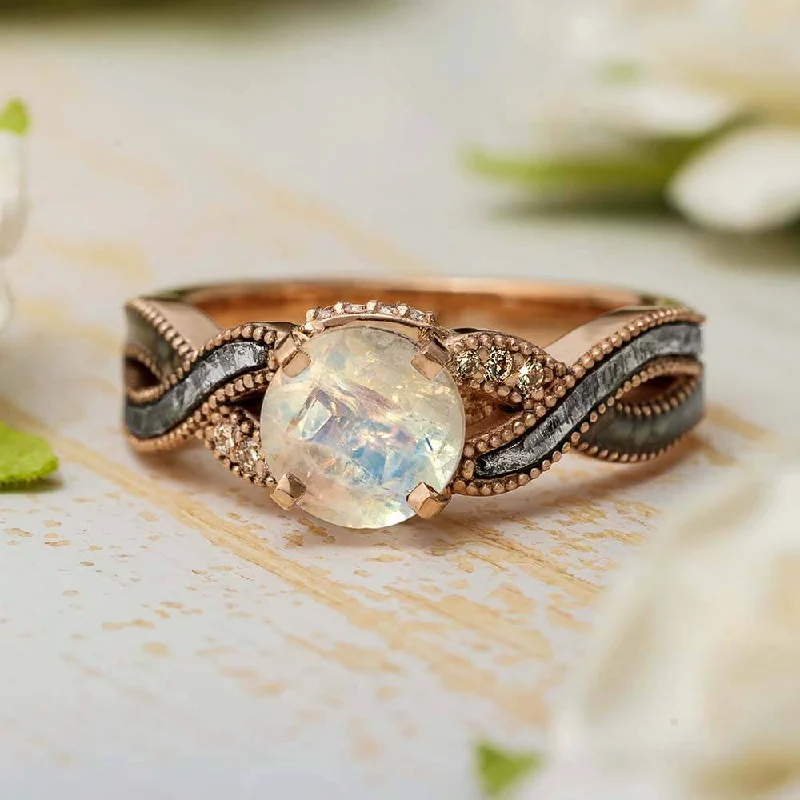 women's diamond engagement rings-Moonstone Engagement Ring Twist Shank, Meteorite & Dino Bone