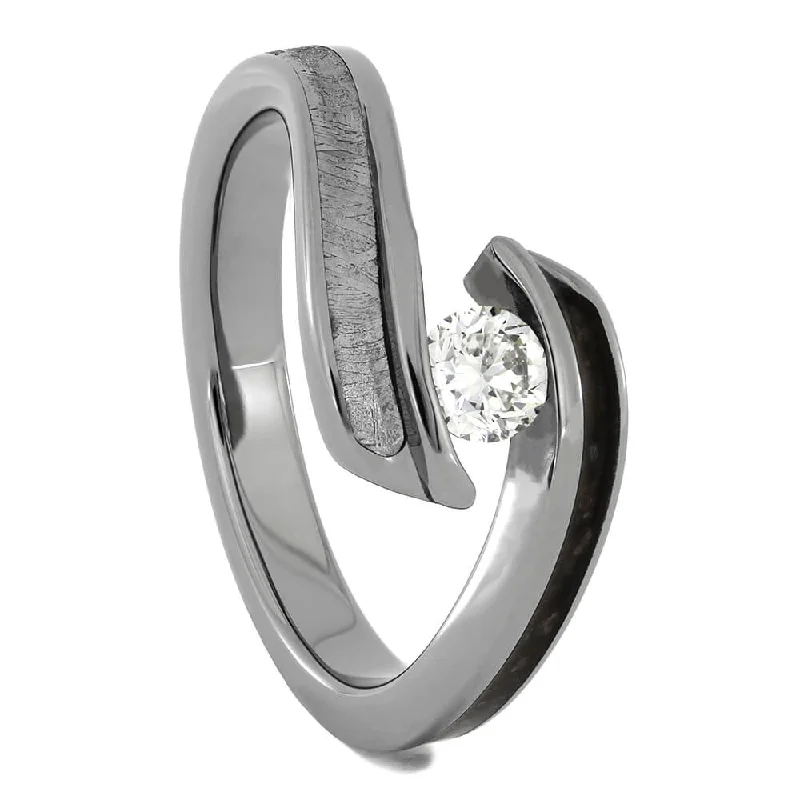 women's luxury engagement rings-Tension Set Diamond & Meteorite Engagement Ring