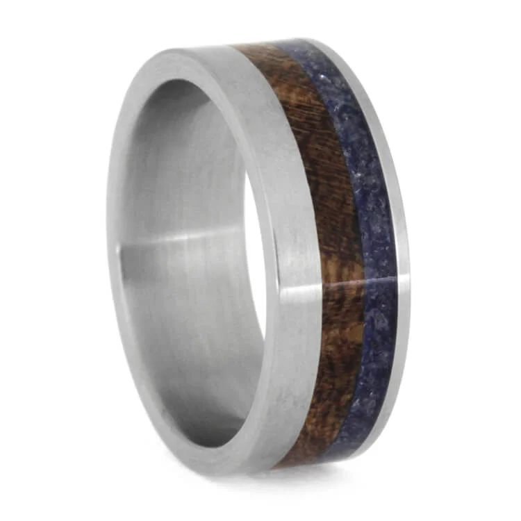 women's double halo engagement rings-Blue Sea Glass and Mesquite Wood Wedding Band