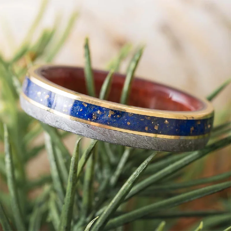 women's silver engagement rings-Gold and Meteorite Wedding Band with Lapis Lazuli