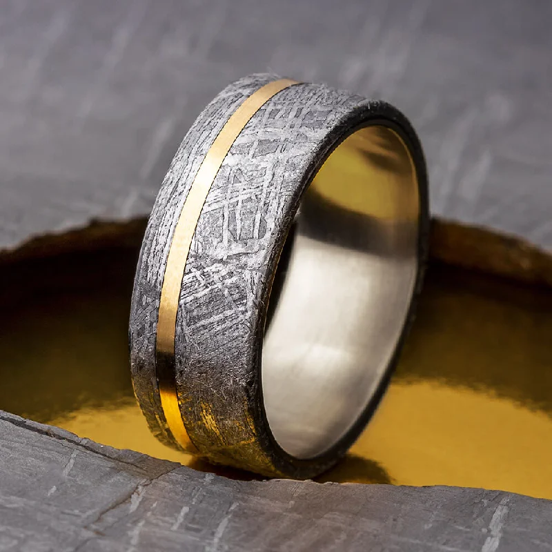 women's infinity rings-Meteorite Ring with Gold Pinstripe on Titanium Band