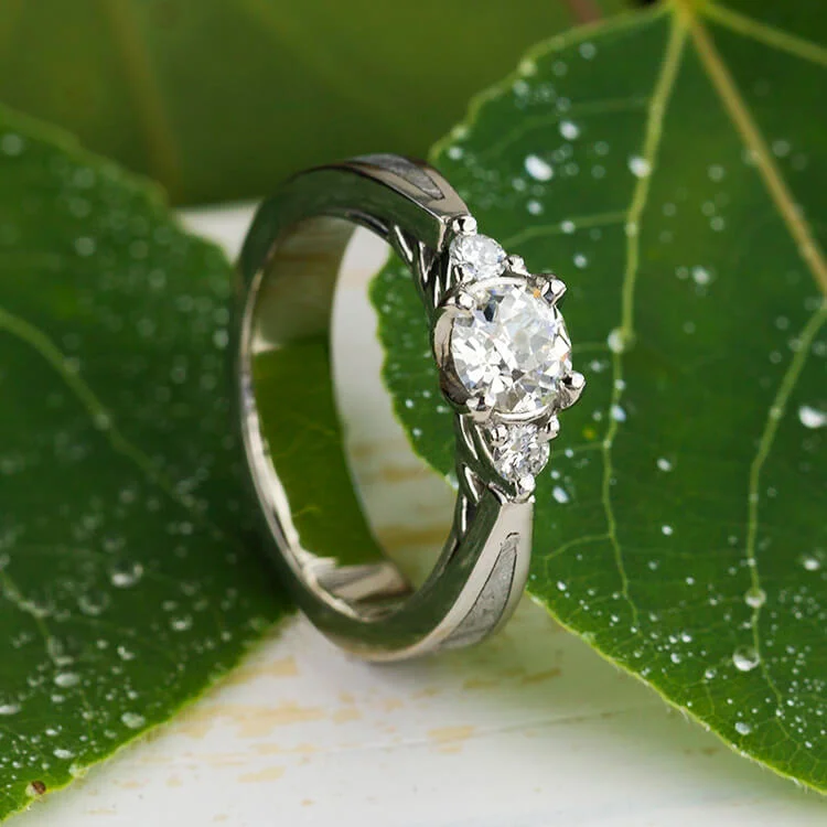 women's trendy engagement rings-Three Stone Diamond & Meteorite Engagement Ring