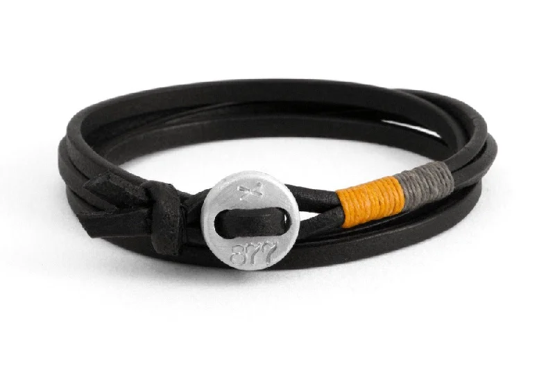 women's magnetic bracelets-#158 - Men’s bracelet button black leather yellow gray