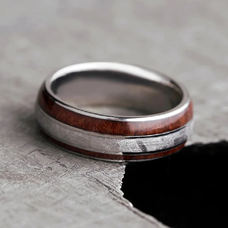 women's halo engagement rings-Redwood & Meteorite Ring, Custom Wood Wedding Band