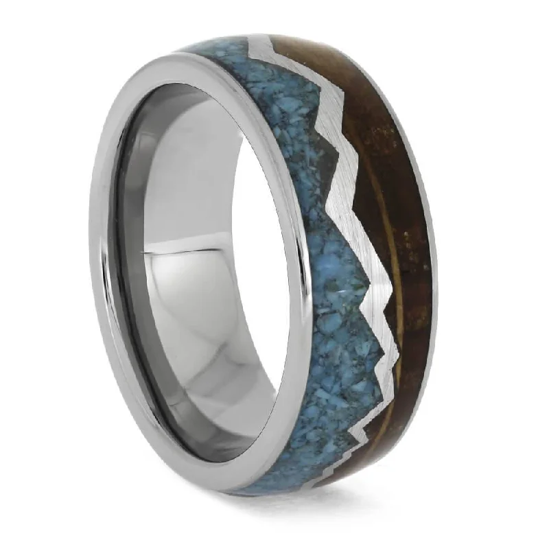 women's wedding set engagement rings-Mountain Wedding Band with Turquoise and Whiskey Barrel Oak