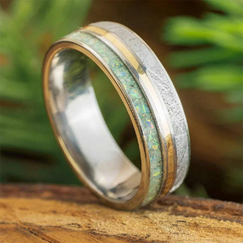 women's simple engagement rings-Meteorite and Opal Wedding Band in Titanium with Gold Pinstripe