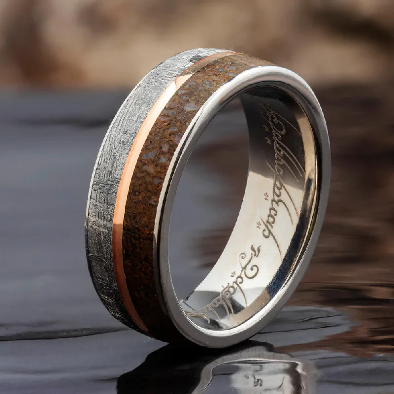 women's floral engagement rings-Gibeon Meteorite & Fossil Wedding Band With Gold Pinstripe