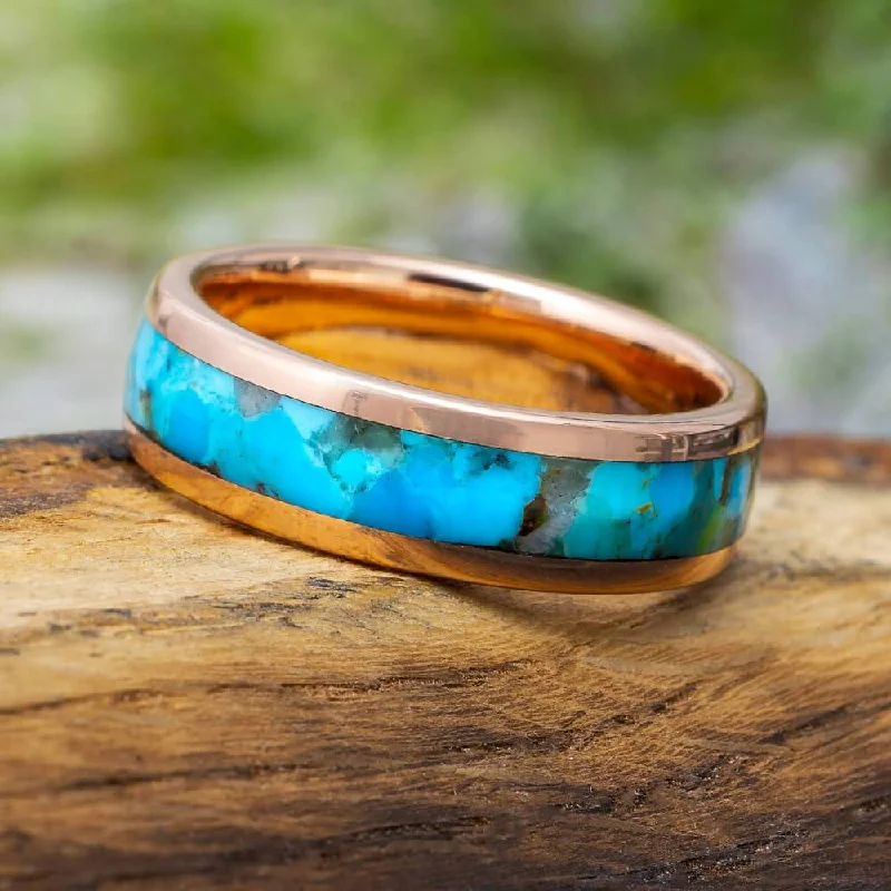 women's emerald rings-Solid Rose Gold Kingman Turquoise Wedding Ring, 7mm Band