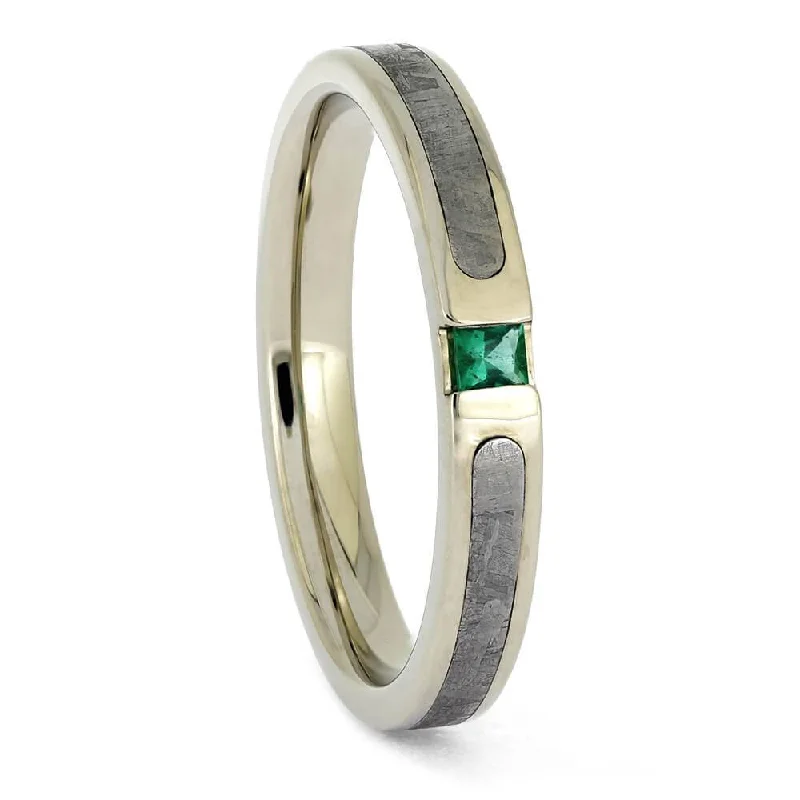 women's delicate engagement rings-Meteorite Engagement Ring with Emerald Stone